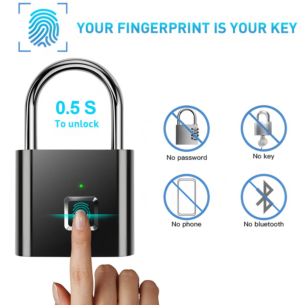 Keyless USB Charging Fingerprint Lock Smart Padlock Waterproof Door Lock 0.2sec Unlock Portable Anti-theft Padlock Zinc