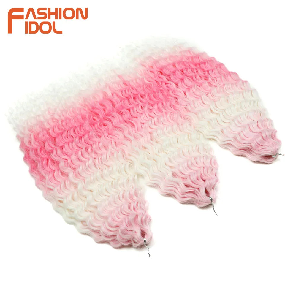 FASHION IDOL 24 Inch Ariel Hair Synthetic Crochet Curly Hair Water Wave Braid Hair Ombre Pink Deep Wave Braiding Hair Extensions