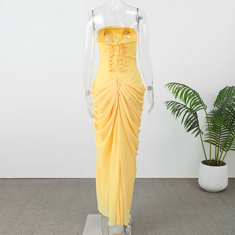 Elegant Yellow Strapless Pleated Long Dress Women Chic Solid Sleeveless Waist Cinching Split Gown 2026 Lady Evening Party Robes