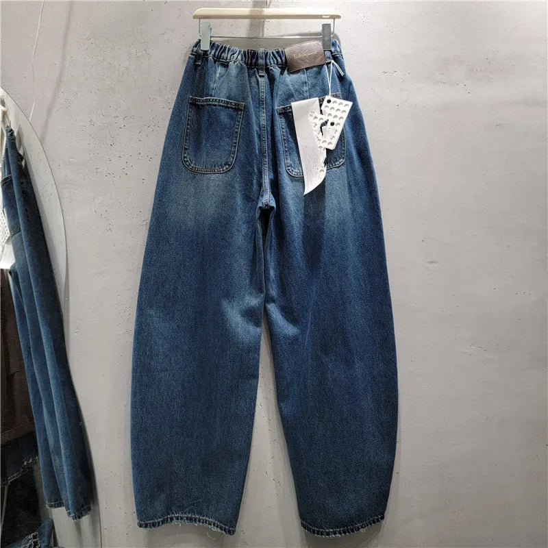 All-match New Spring Autumn Vintage Elastic Waist Women Bootcut Jeans Personality Splicing Fashionable Wide Leg Denim Trousers