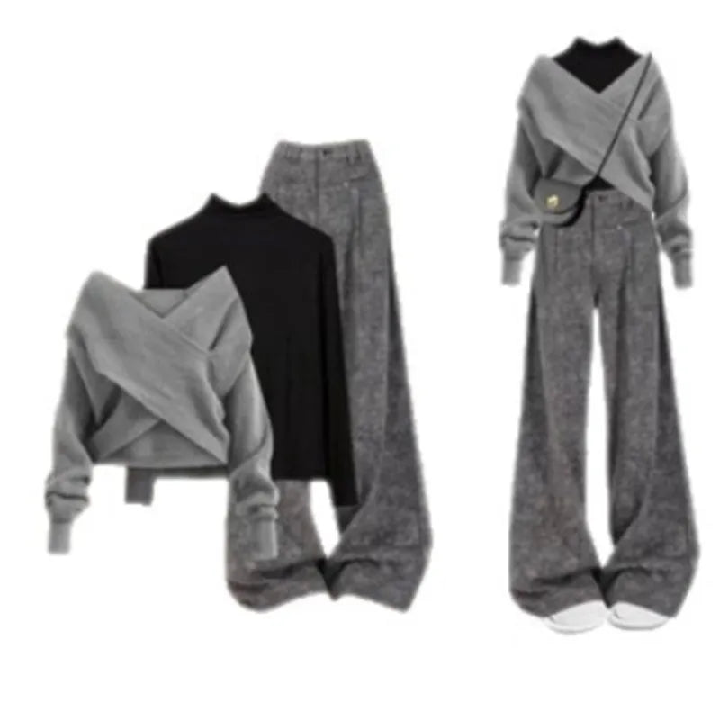 Spring and Autumn New Korean Knitted Sweater Black Base Sweater+Straight Leg Wide Pants 3-Piece Set