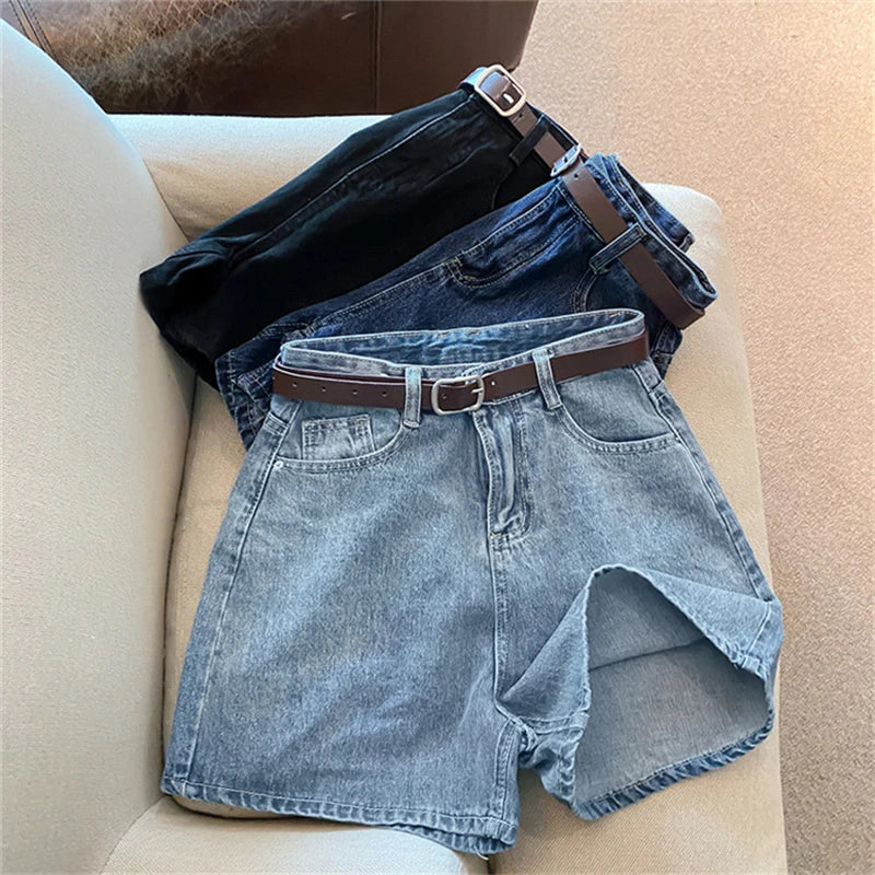 Denim Shorts Women's Summer New Wave High Waist Simple Slim Loose Wide Leg Joker A-pants Casual Straight Leg Pants Jeans