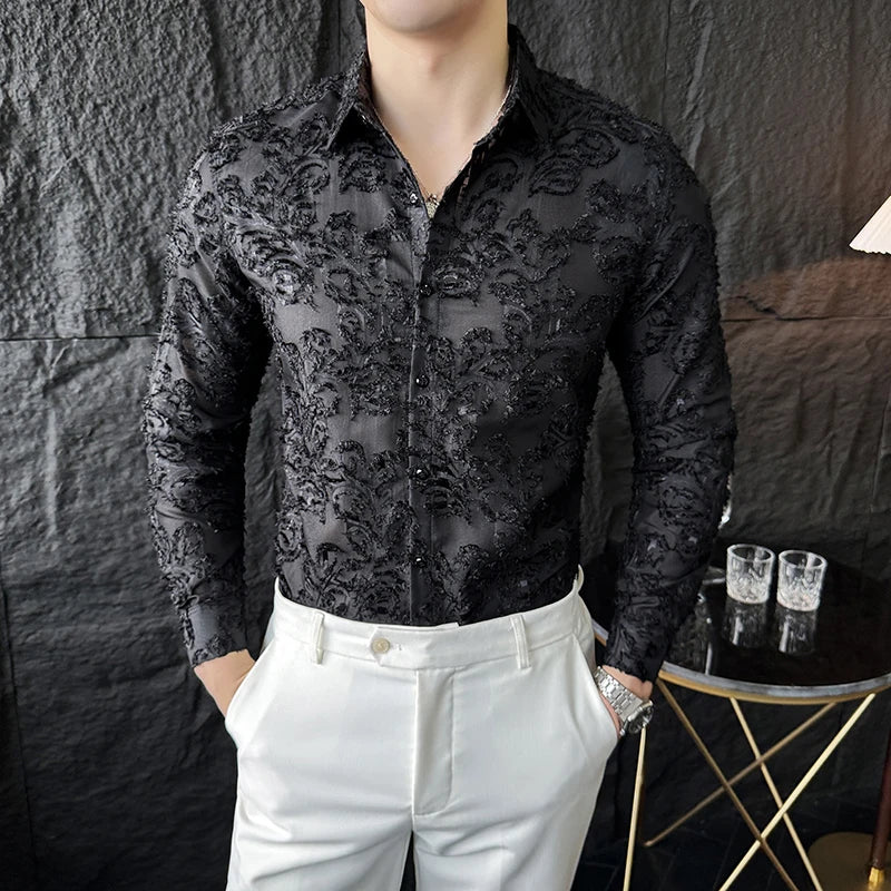 Tassels Shirts For Men Korean New Autumn Winter Long Sleeve Men's Social Shirt Slim Fit All Match Plain Color Blouse Homme 4XL-M
