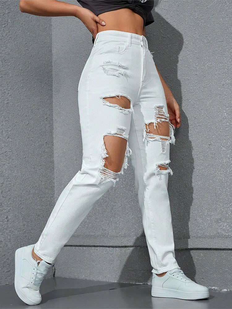 Women's Distressed Straight Leg Jeans Ripped Hole Denim Pants Casual Loose High Waist Street Style Trousers