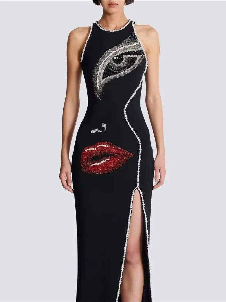 Women Fashion Pearl Bandage Dress Sexy Beading Sleeveless Clothes Celebrity Party Elegant Dresses