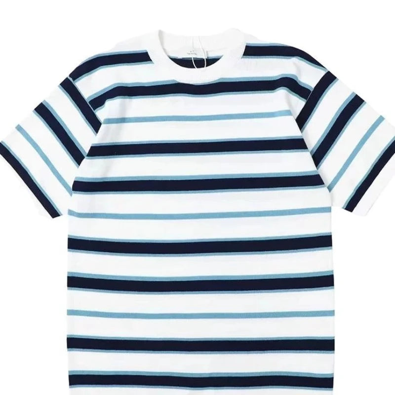 Retro American Casual Short-sleeved T-shirt for Men Round Neck Short-sleeved T-shirt Base Shirt for Summer New Stripes for Men