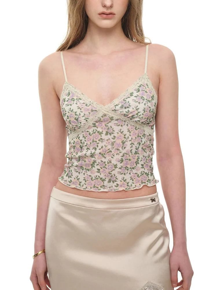 Summer women's retro floral vest with lace trim, V-neck adjustable sexy short vest, suitable for daily street casual Y2K vest