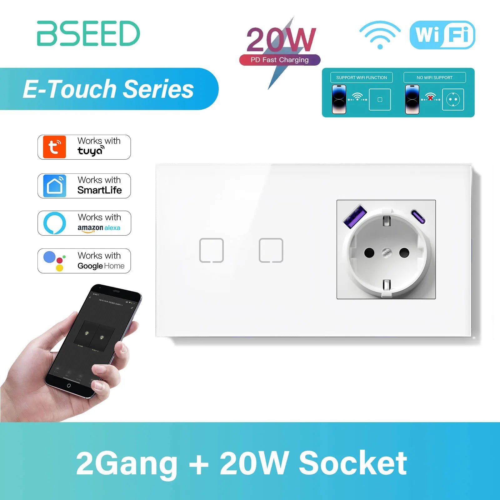 BSEED 1/2/3/4Gang WIFI Touch Switch Glass Panel Smart Wall Light Switch Touch Screen Phone Fast Charge USB C Socket E Series