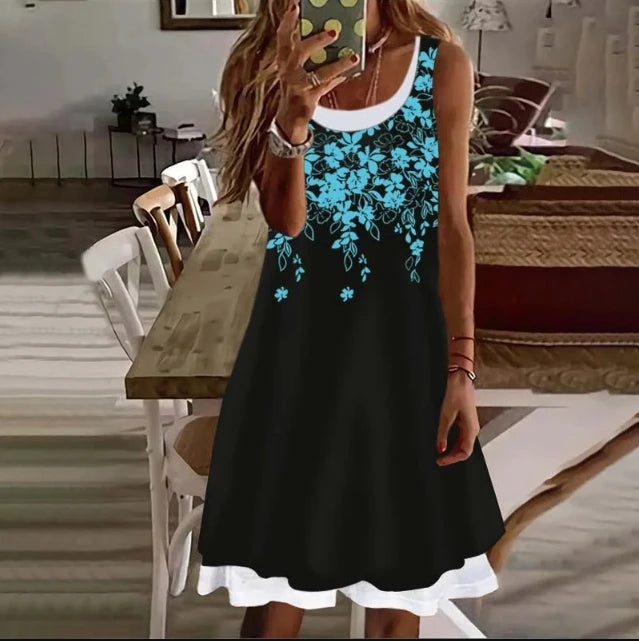 Woman Clothes Dresses Printed Sleeveless Knee-high U-neck Casual Soft and Comfortable Loose Floral Fake Two Pieces Female Dress