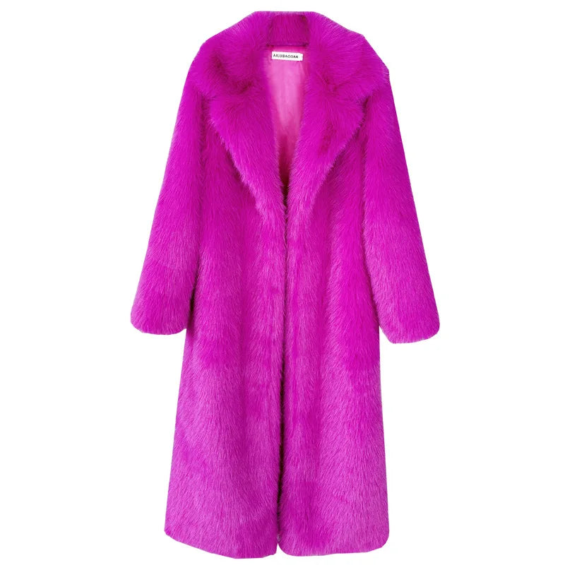 Long Faux Fur Coat Women Autumn Winter Large Jacket Overcoat White Turn Down Collar Pockets Thick Coat Warm Jackets Maxi Coats