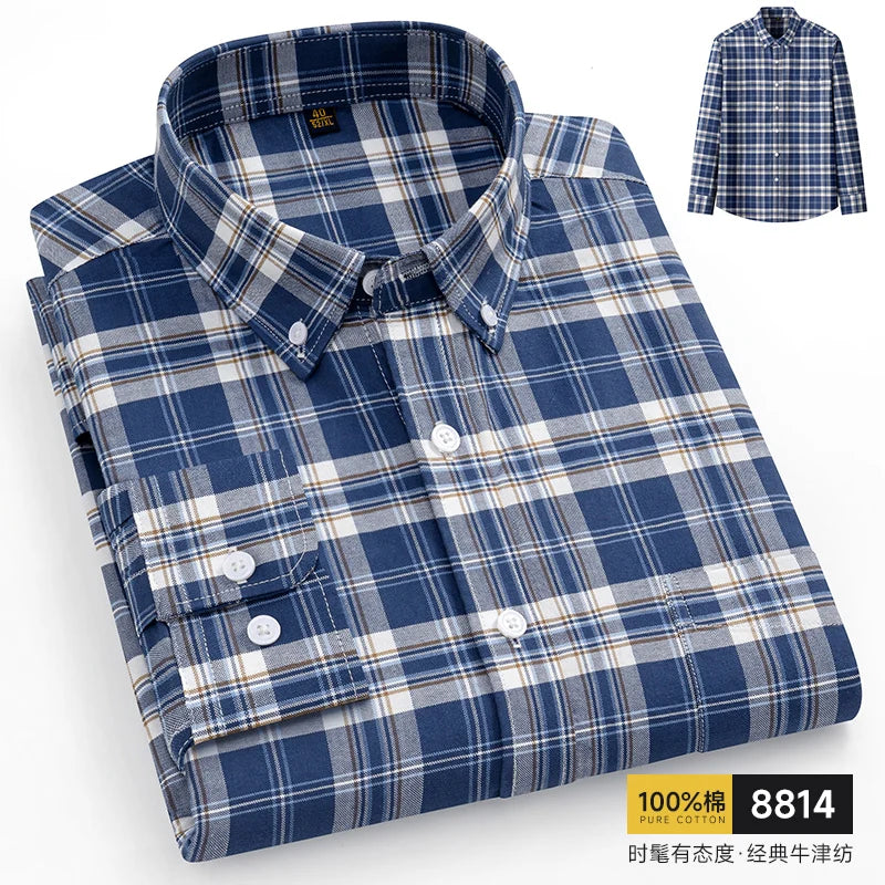 Men's Oxford Pattern Shirt Long Sleeve Big Size S-11XL Cotton Slim Fit Business Casual Traditional Shirts Easy Care Comfort