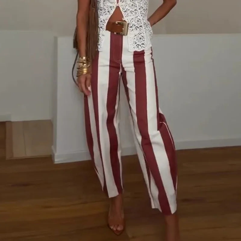 Casual Women's Red Striped Pants Button Zipper Double Pockets Straight Straight Leg Trouser 2026 Spring Summer Fashion Lady Pant