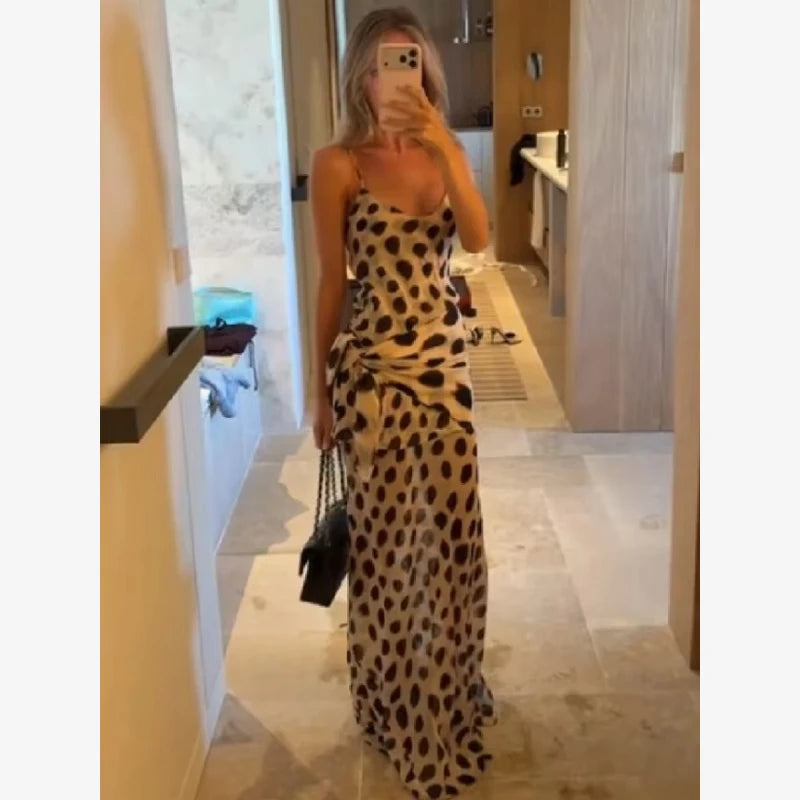 Women Two Tone Dot Print Long Sleeve Split Midi Dress Y2K Deep V Drawstring Slim Mermaid Skirt 2026 Street Club Party Outfit