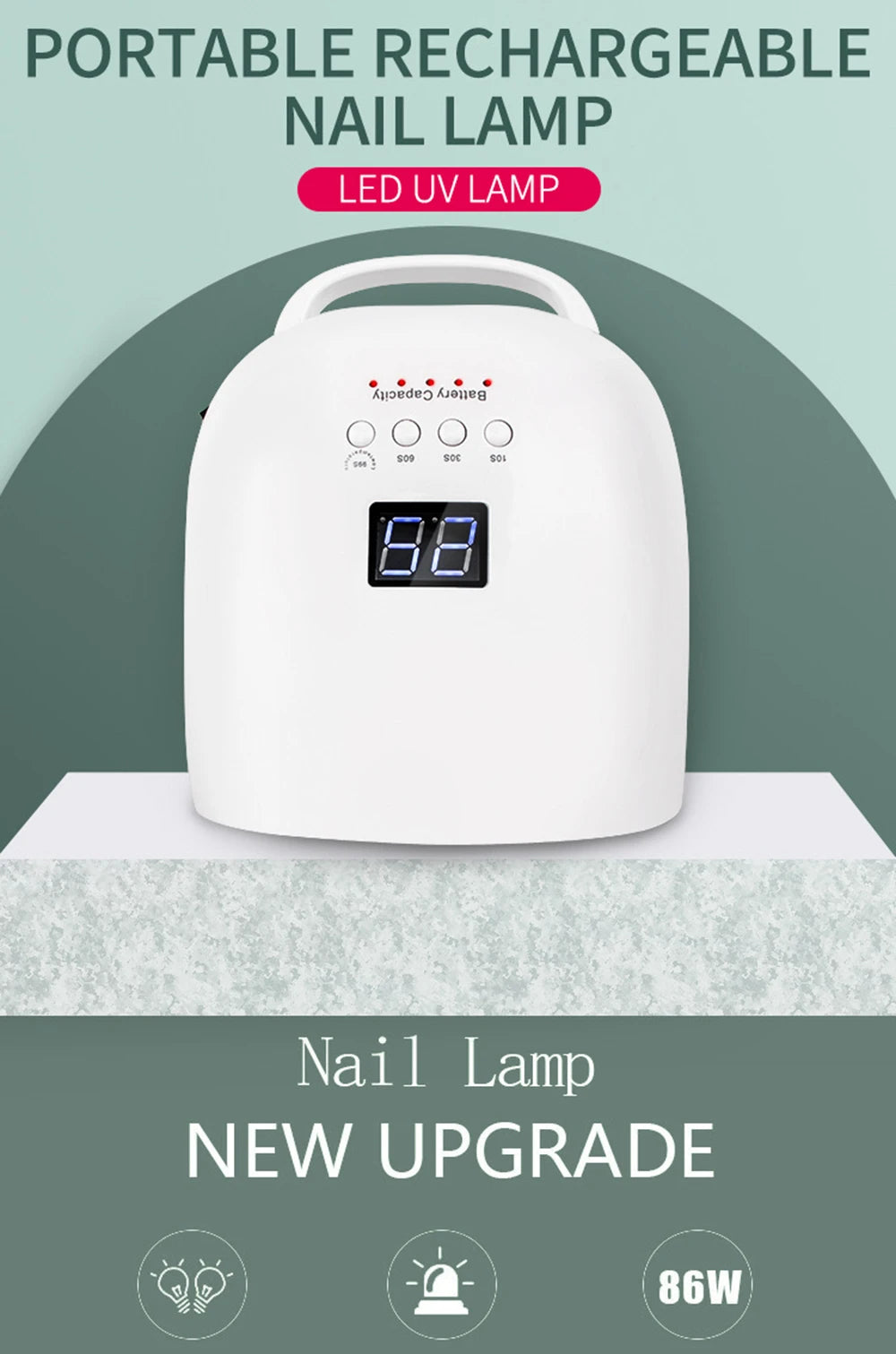 86W Lamp for Manicure Rechargeable Cordless Sun UV LED Lamp Nail Dryer For Curing All Gels 52 LEDs Light with LCD Timer Sensor