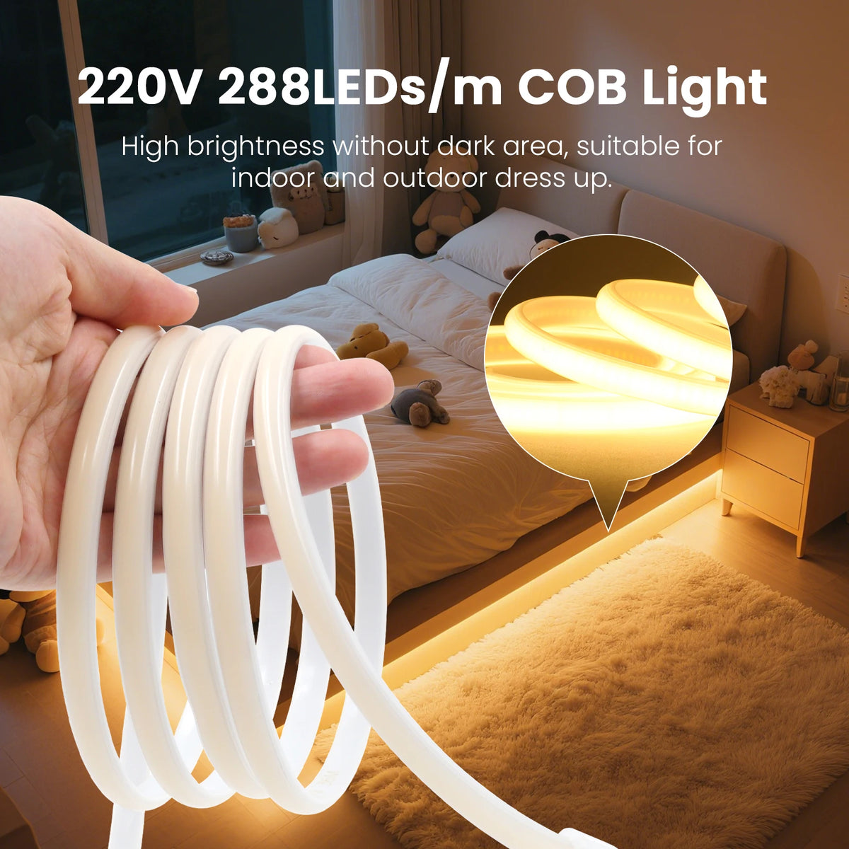 1-20M 220V COB LED Strip 288LEDs/m Outdoor IP65 Waterproof Switch/Dimmable LED Tape Ribbon Neon Lights For Kitchen Room 10 Color