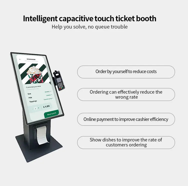 Desktop vertical 15.6 21.5 touchscreen POS end point self checkout kiosk with printer QR code scanner