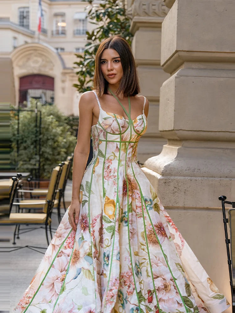 Fashion Women Dress Floral Printed Halter Tube Tops Sleeveless Lace Up Waist-Closed Female Dresses 2026 Summer Lady Robe