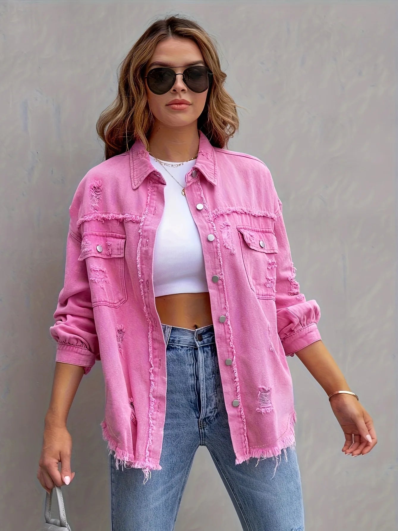 Women's Fashionable Solid Color Mid-Length Ripped Denim Jacket Long-Sleeved Spring Autumn Trend