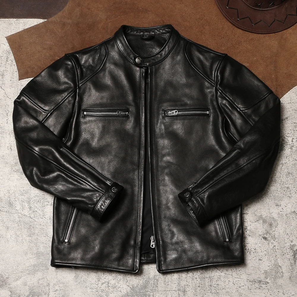 Black Winter Leather Jacket Men Sports Style Plus Size 5XL Genuine Natural Thick Cowhide Stand Collar Slim Fit Short Coat