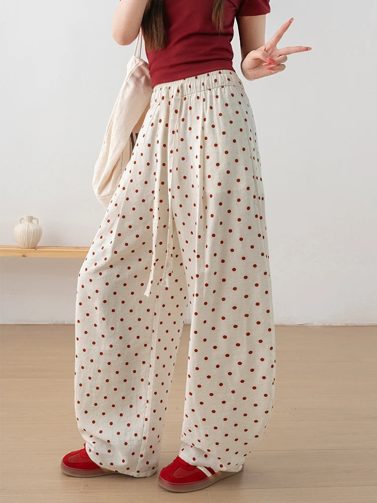 Linen Polka Dot Wide-Leg Pants for Women's Summer, Thin High-Waisted Loose and Laid-Back Style Yamamoto Pants, Casual Straight-L