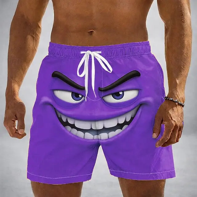 Men's Optical Illusion 3D Cartoon Smile Face Swim Trunks Swim Shorts Board Shorts Mid Waist Hawaiian Beach Shorts Vacation Wear