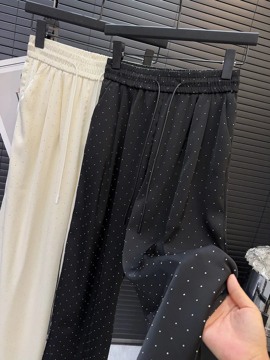 2026 High Quality Luxury Full Rhinestone Wide Leg Pants Fashion New Drawstring High Waist Straight Pants Ladies Casual Trousers