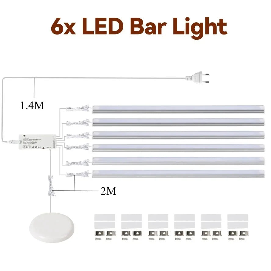 1-6Pcs LED Light Bar Sync Cabinet Light System Touch Control Dimmable Under Cabinet Lamp for Kitchen Wardrobe Closet Showcase