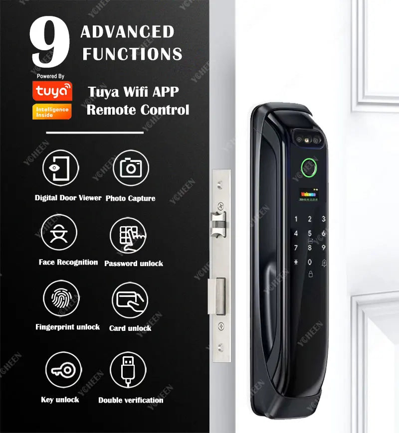 Tuya WiFi Video Intercom 3D Face Recognition Smart Lock, Biometric Camera Auto Keyless Lock for 5050 5072 5572 4585 6085 Mortise