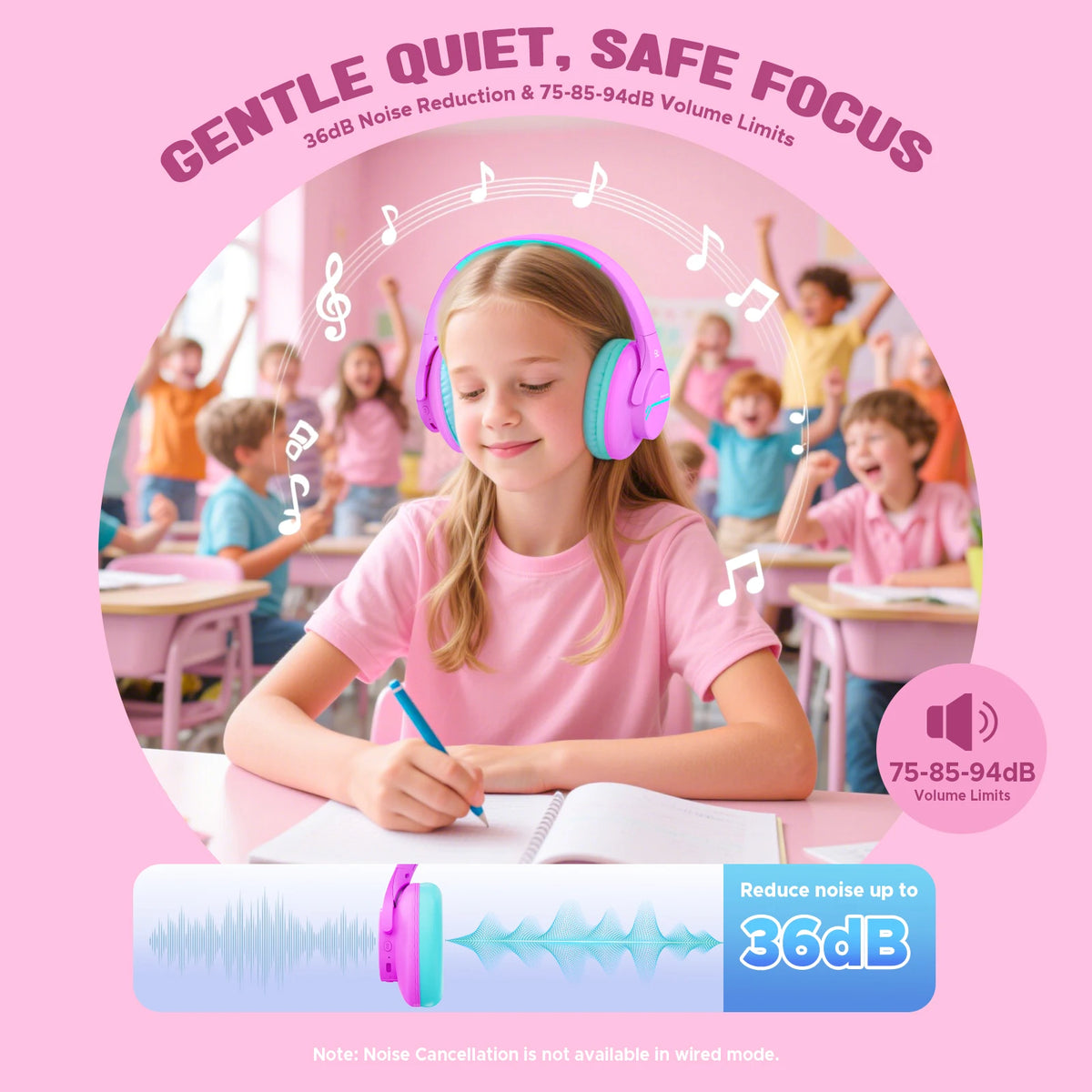 ANC Kids Wireless Headphones Noise Cancelling Bluetooth Earphones For School Travel Soundproof Headset Kids Protection Hearing