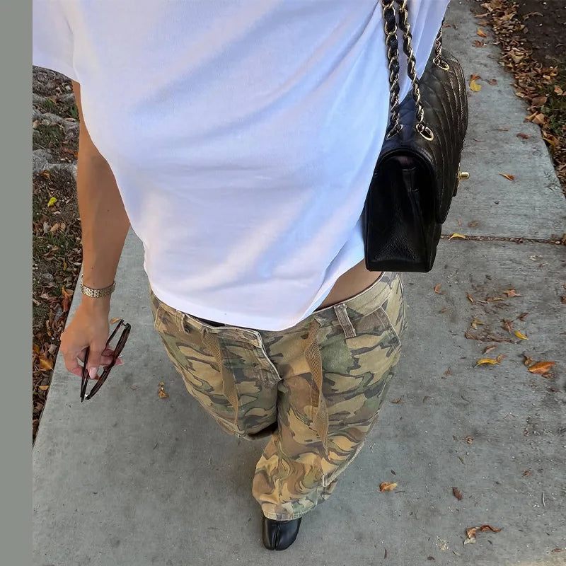 Camo Print Drawstring Waist Women Pants Wide Leg Loose Cut Drawstring Hem Relaxed Fit Casual Trouser Streetwear 2026 New Fashion