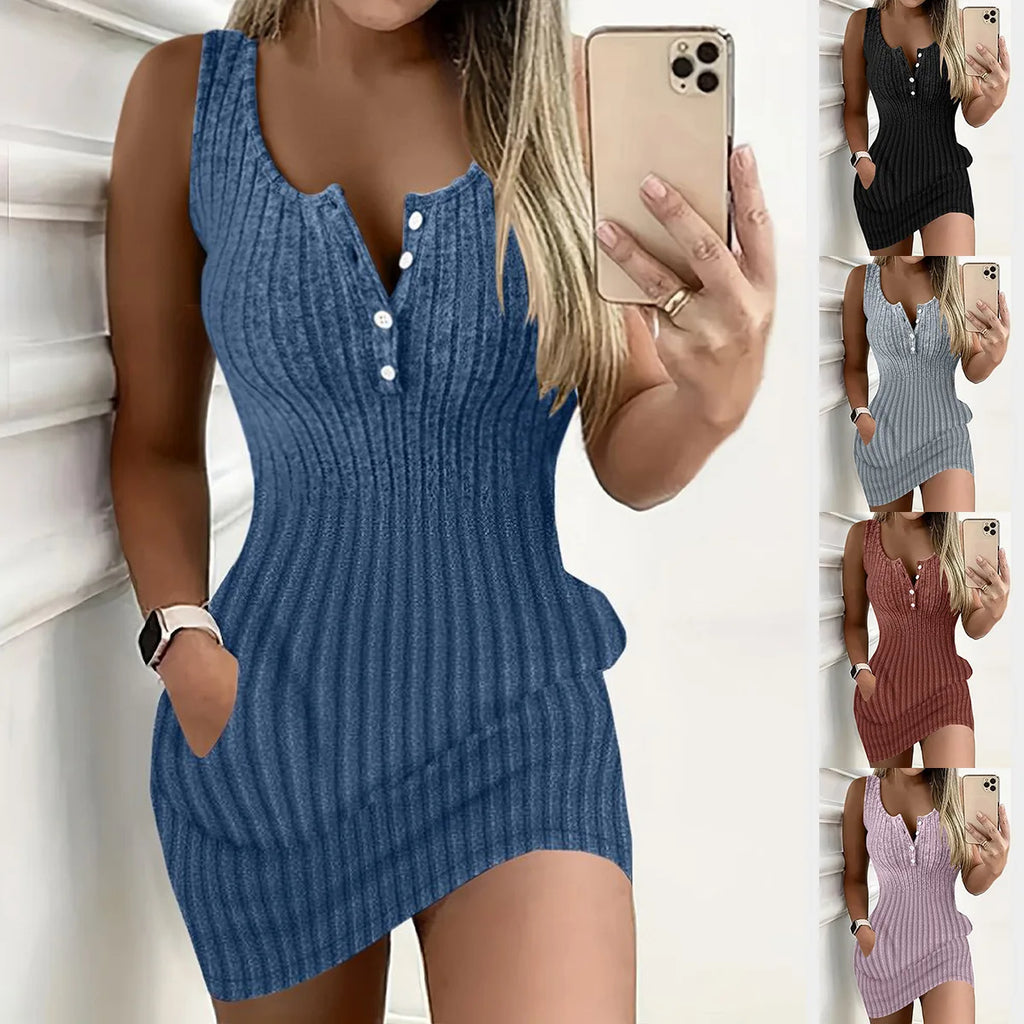 Women Midi Dress Solid Color Vest Style Half-open Collar Sleeveless Fashion Striped Slim Fit Elegant High Street Party Wear