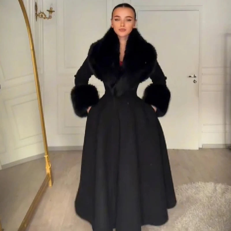 Women Detachable Faux Fur Collar Long Wool Blend Elegant A‑line Maxi Dress Coat Winter Vintage Luxury Slim Fit Wedding Outerwear