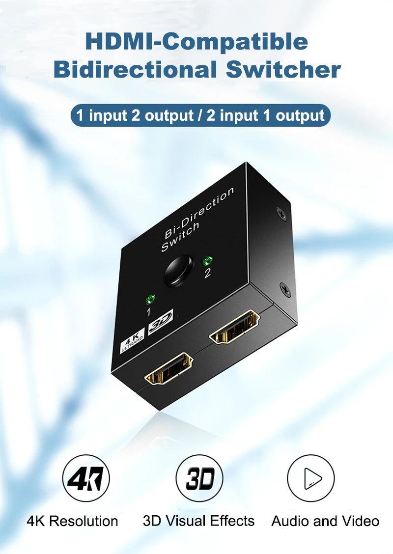 HD 4K 60Hz Bidirectional Switcher HDMI-compatible Switcher 2 in 1 out 1X2 Distribution for PC Laptop Projector