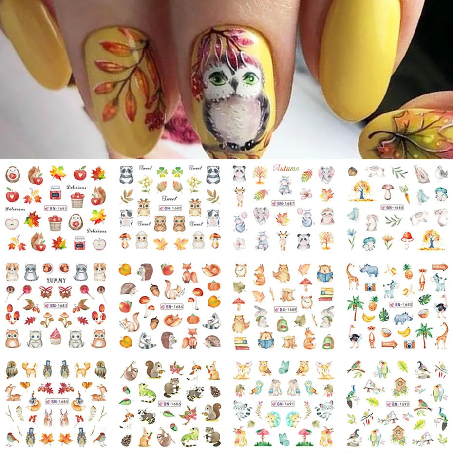 12Design Autumn Animal Nail Art Water Sticker Cartoon Owl Squirrel Fox Hedgehog Transfer Slider Fall Theme Fruits Manicure Decor