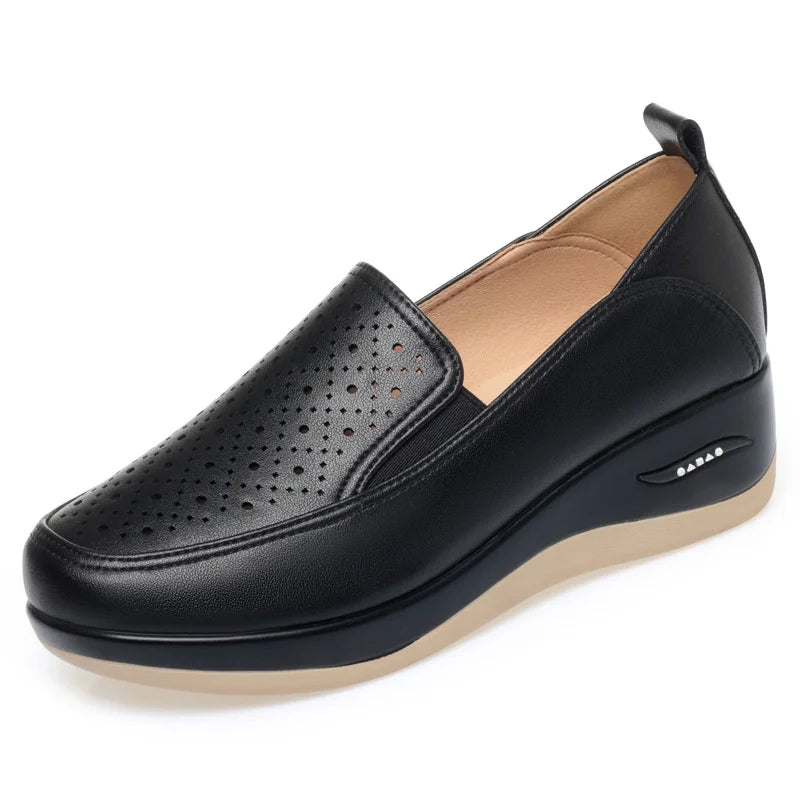 2024 Spring Soft Leather Thick Bottom Women Shoes Wedges Cutout Breathable Sneakers Platform Lightweight Mom Loafers