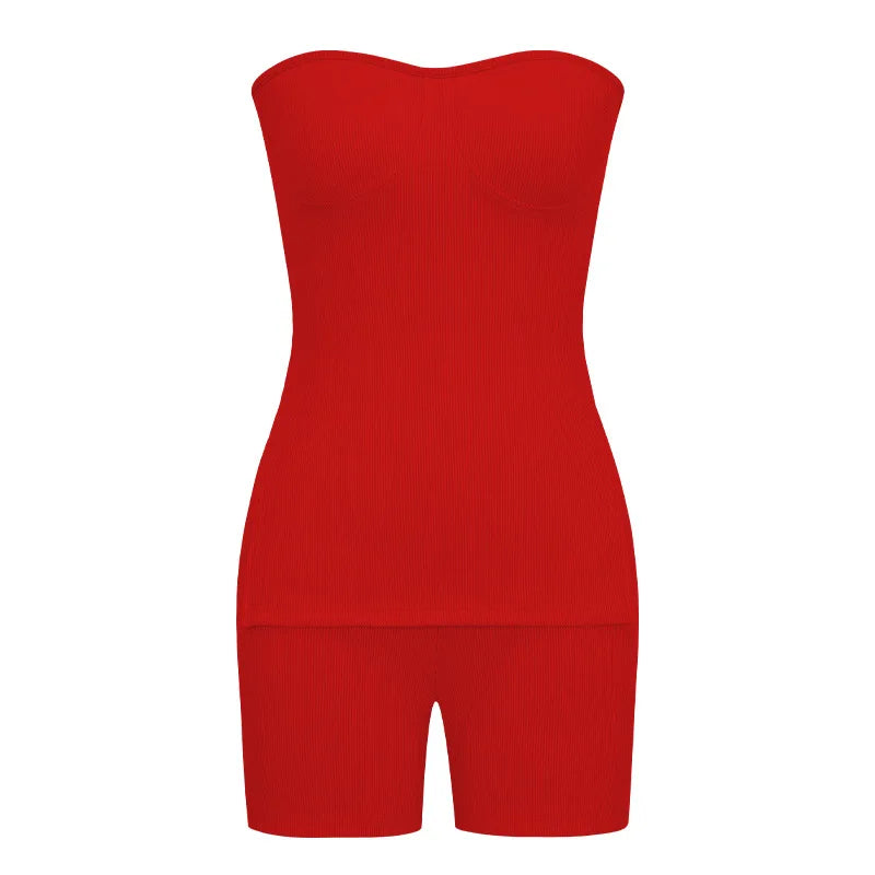 Sexy Solid Slim Suit For Women Fashion Strapless Side Split Top Elastic Waist Package Hip Shorts Two Piece Set 2026 Summer New