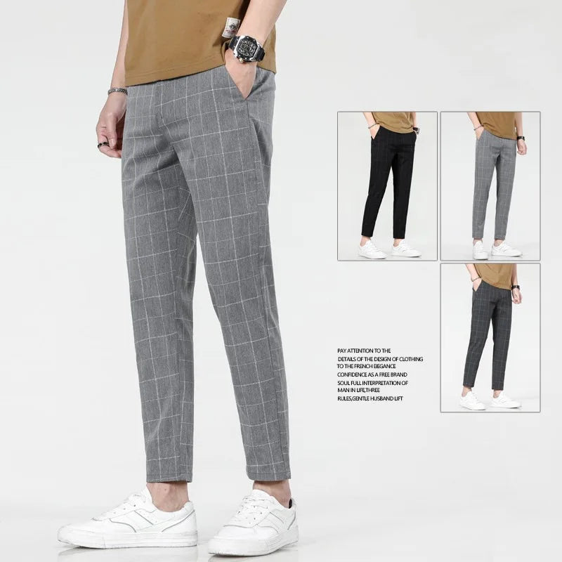 2025 Spring/Summer Men's Elastic Slimming Straight Leg Casual Pants Fashion Breathable Grid Design Sports Pants