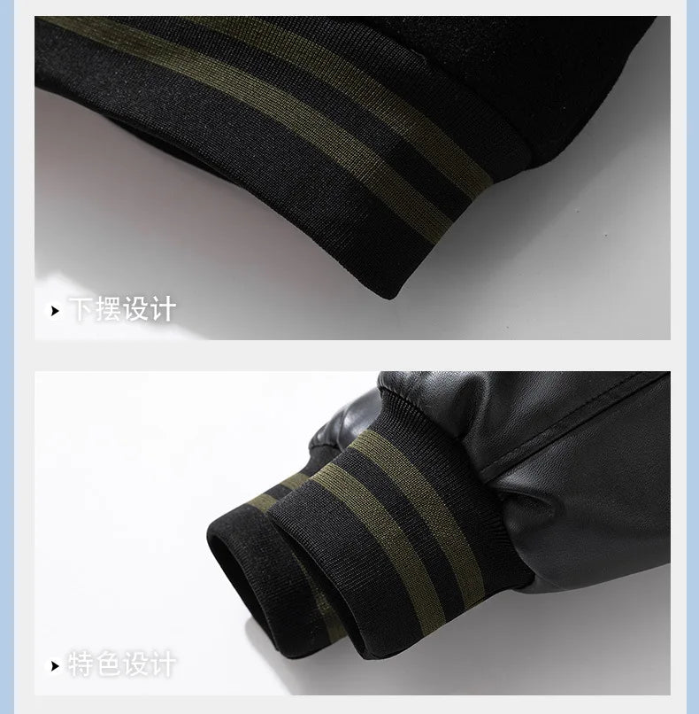 Vintage Letter Embroidered Baseball Jacket Cotton Coat Men's Winter Leather Sleeve Patchwork Woolen Thicken Overcoat