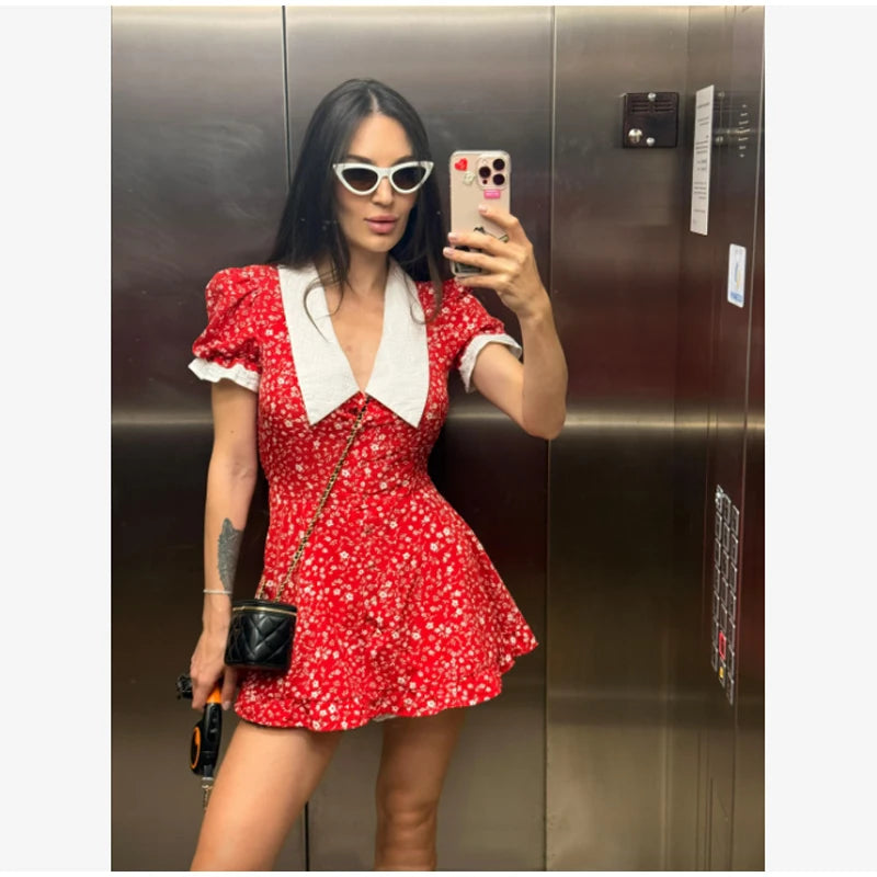 Red Floral Print Peter Pan Collar Dress Women Puff Sleeve V-neck High Waist A-line Mini Dresses Lady Evening Dinner Vestido 2026