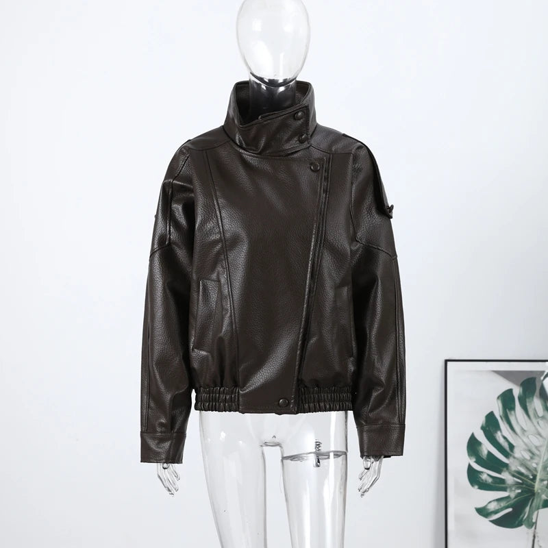 High Street Leather Jackets Women's Casual Double-breasted Turn Down Collar Loose Coats Elastic Waist 2026 Autumn New Outwear