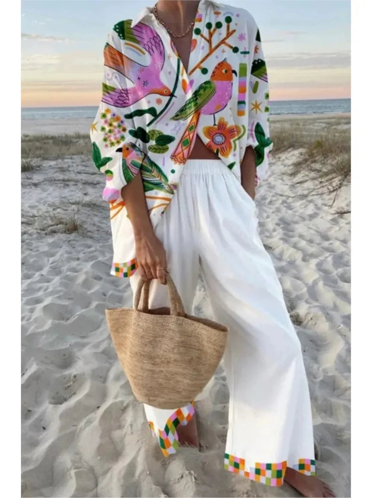 Women's Autumn Holiday Sets Outfits Fashion Print Long Sleeve Shirt Top+Wide Leg Pants 2 Pieces Set For Woman Boho Clothes New