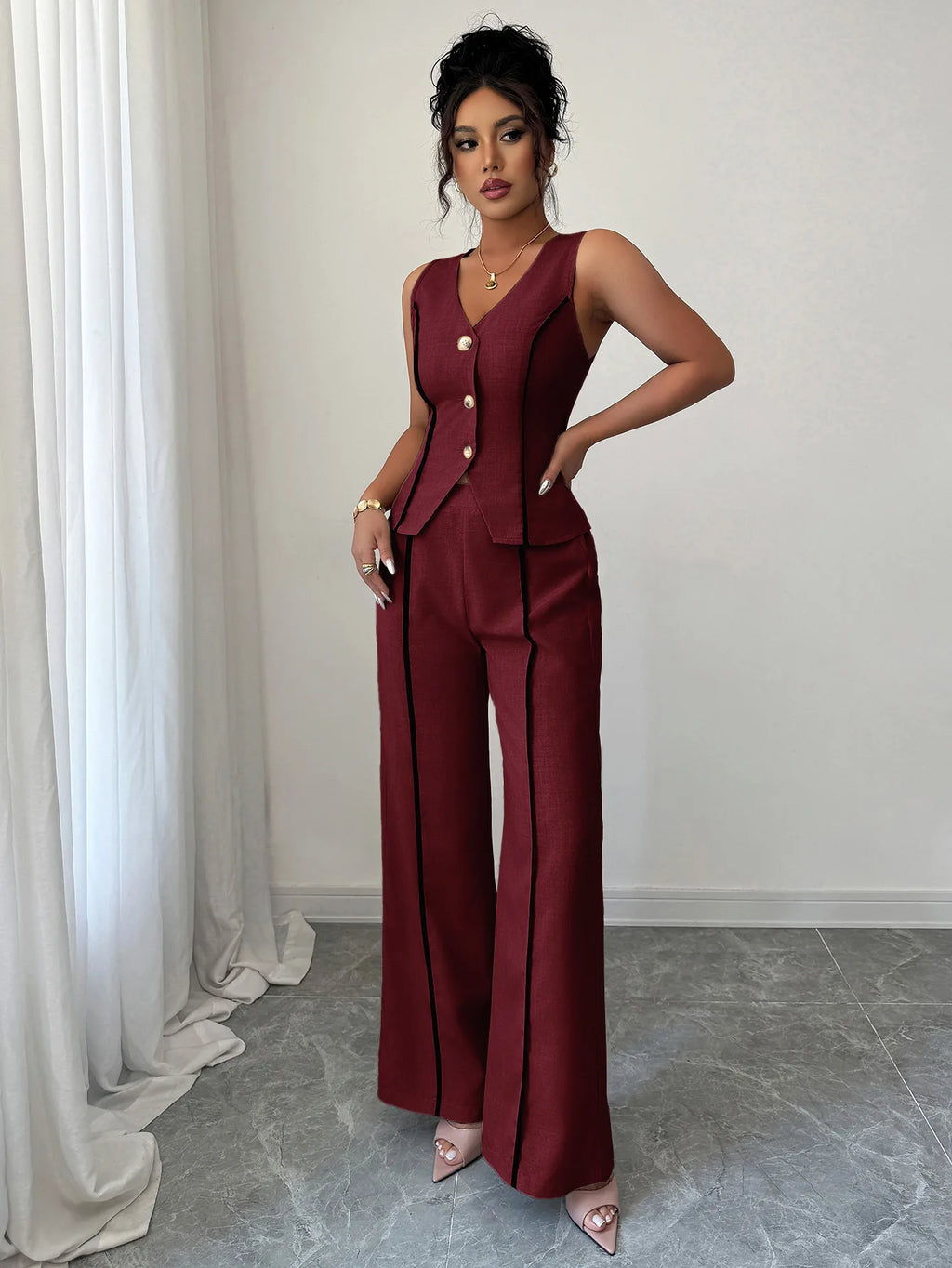 Elegant V-neck High-waisted Color-block Sleeveless Women's Suit For Spring/summer 2026 Dress Elegant Lace Maxi Beach