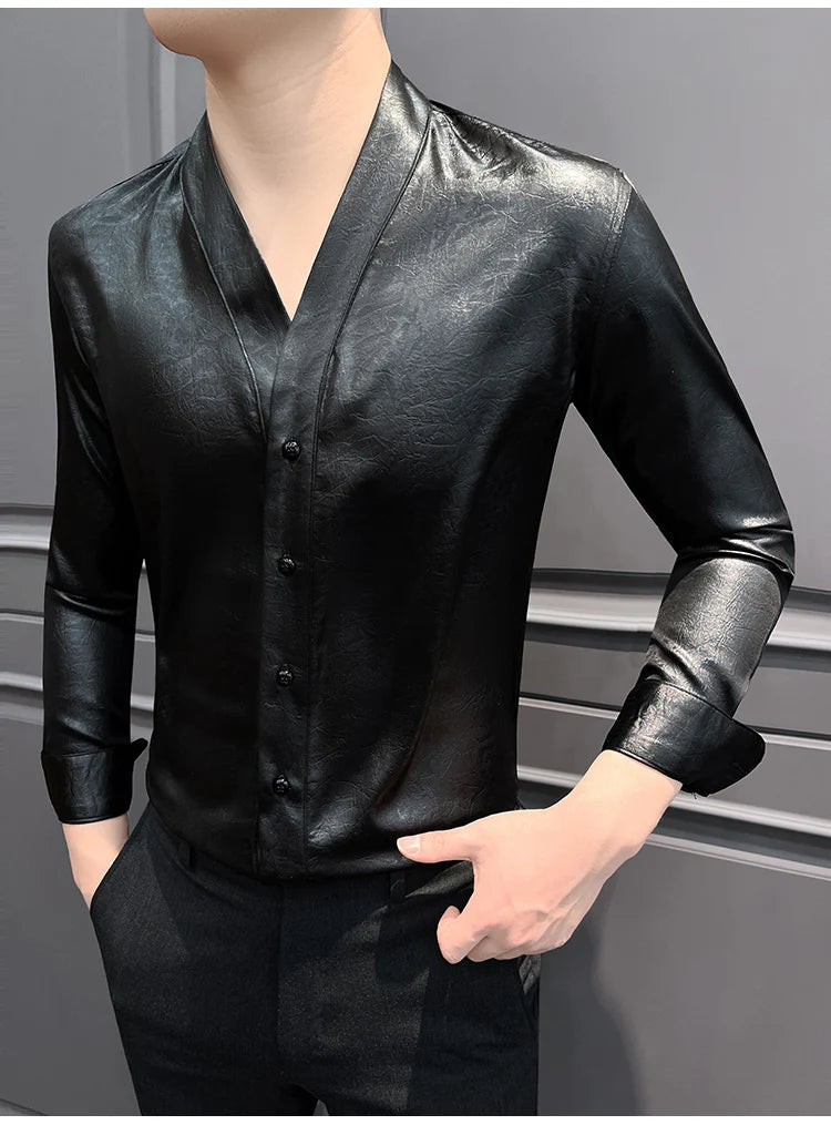 High-End Casual Shirts Men 2025 Spring British Style Slim Fit V-neck Shirt Long Sleeve Business Social Wear Men Clothing