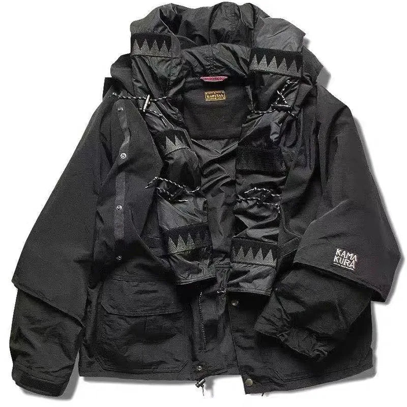 Japanese Style Retro Stitching Waterproof and Windproof Multifunctional Jacket Men's Hooded Black Multi Pocket Coat