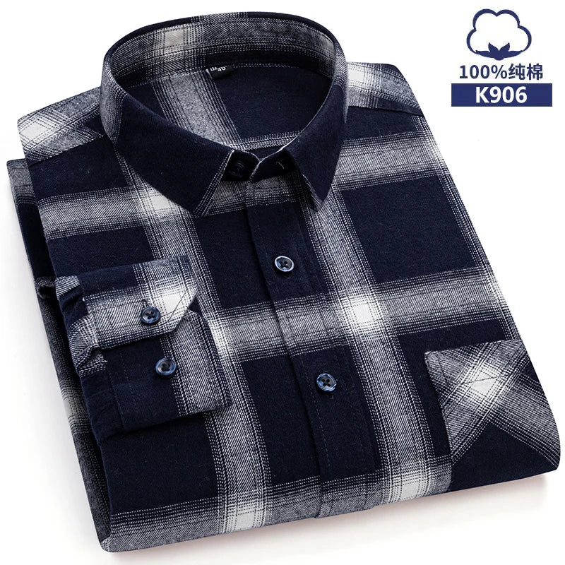 Pure Cotton Men's Plaid Shirt Long Sleeve Regular Fit Men Casual Oversized Shirt Leisure Autumn Spring Male Blouse New Plus Size