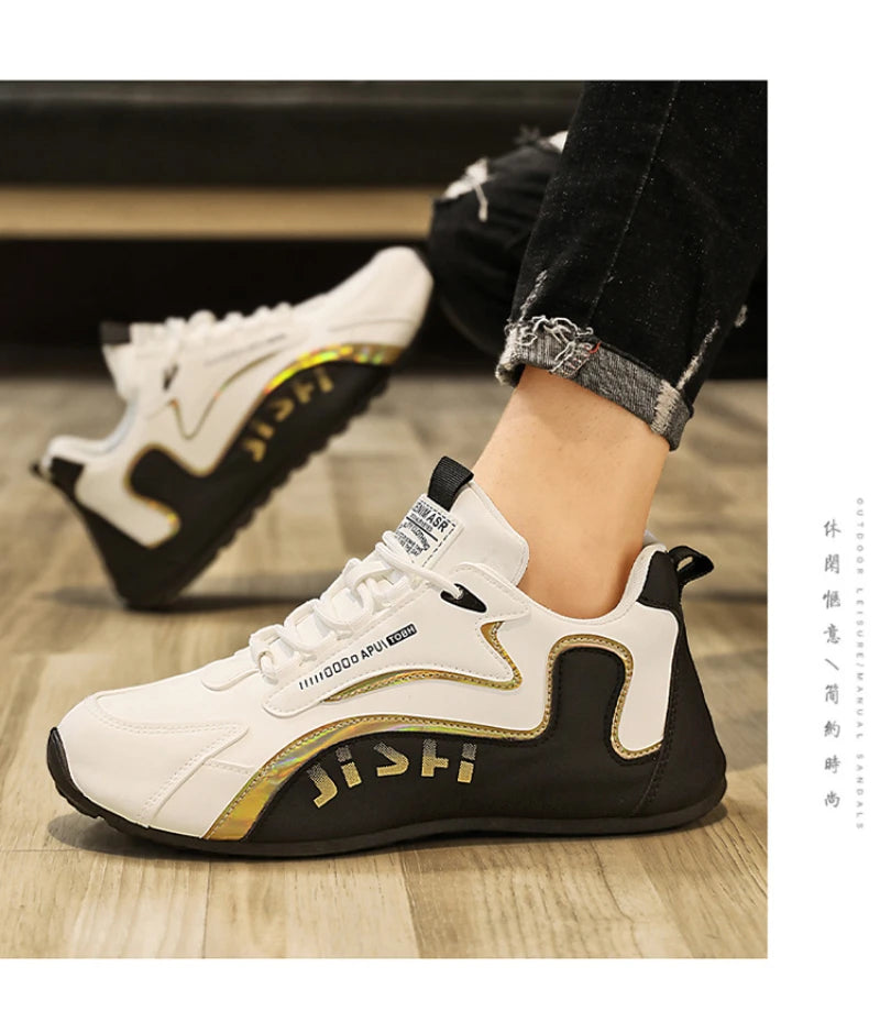 Men'S Black And White Gold Accent Running Shoes Breathable Mesh Upper Lightweight Non Slip Athletic Sneakers For Daily Wear