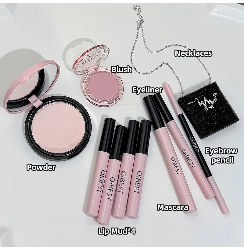 Multipurpose Makeup Set 4PC Liquid Lipstick,1 Pressed Powder,1 Face Blush,1 Eyeliner,1 Mascara,1 Eyebrow Pencil Korean Cosmetics
