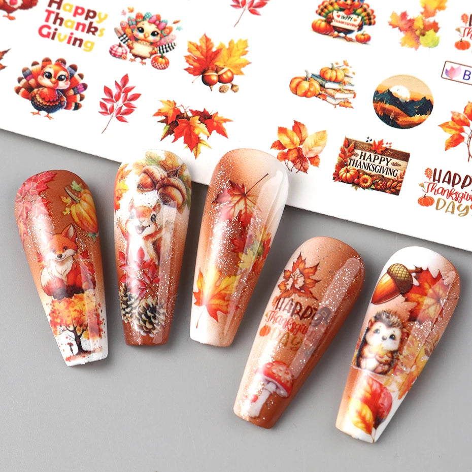 Autumn Maple Leaves Nail Art Stickers Sliders Hedgehog Squirrel  Fall Leaf Turkey Nail Water Transfer Sticker Decal Decorations