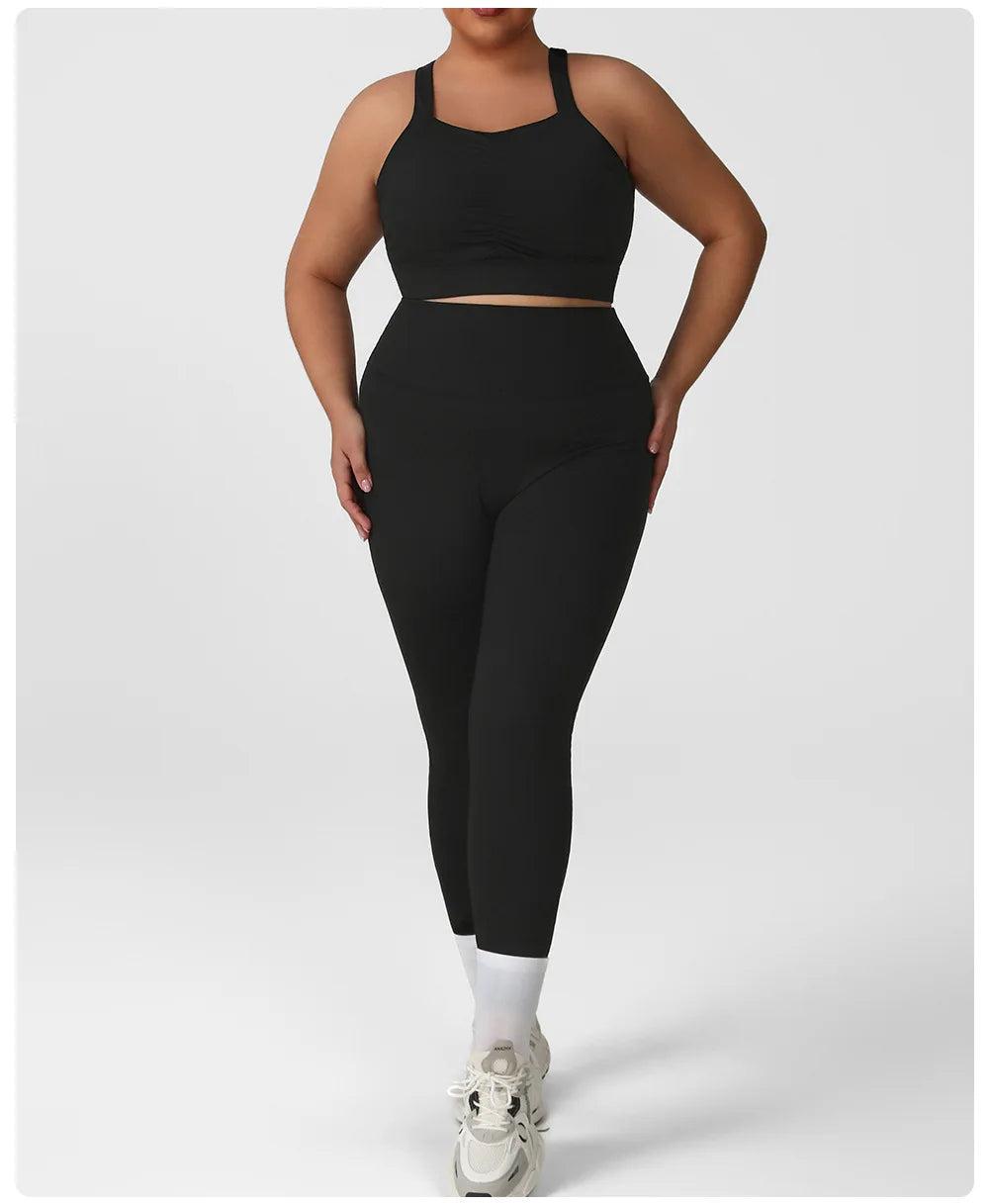 Plus Size Women Yoga 2 Piece Set Y Back Sports Bra High Waist Scrunch Butt Leggings Gym Set Fitness Workout Activewear Outfit