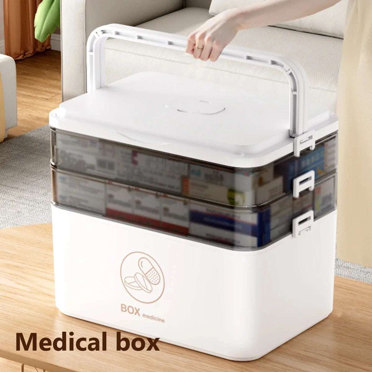 Large Capacity Multi Layer Transparent First Aid Medicine Storage Box Secure Snap Buckle Dustproof Household Emergency Drug Organizer Detachable Compartment Medical Supply Container For Family Home Office Car Travel Camping O
